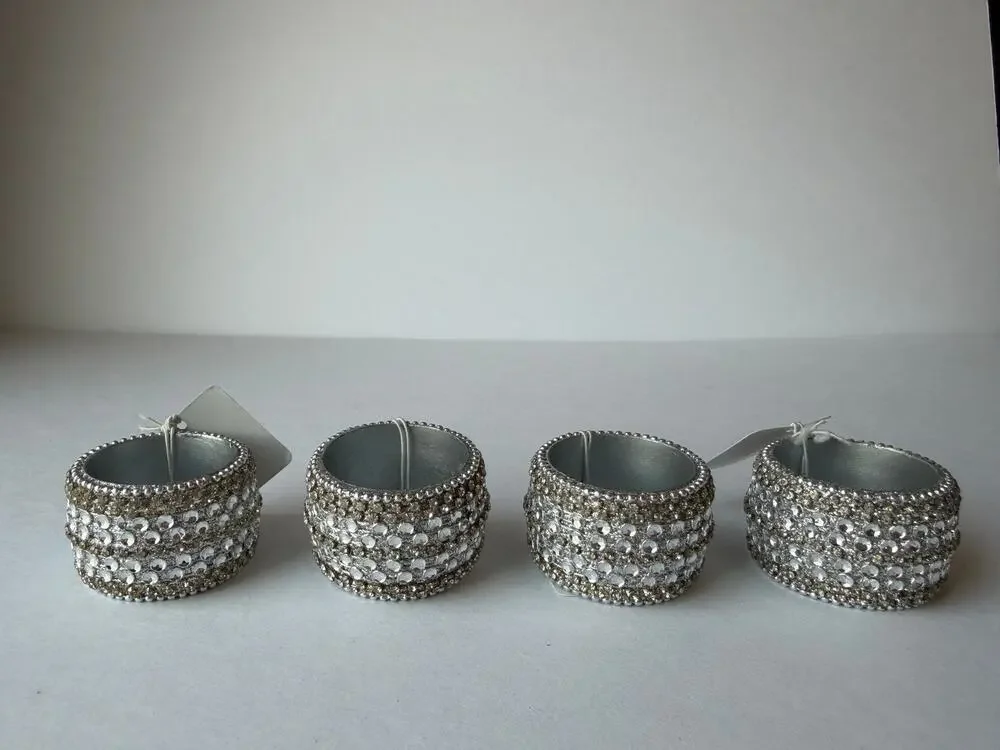 Pier 1 Jeweled Rhinestone Napkin Rings Silver Champagne Set of 4